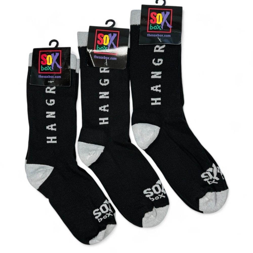 The Sox Box Hangry Crew Socks OSFM Mid Calf Black Gray Humor Novelty 3 Pairs New